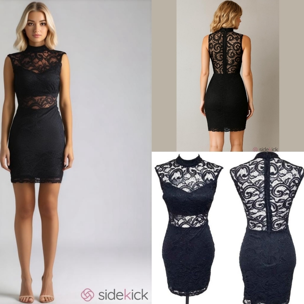 B. Darlin Vintage Y2K Floral Black Metallic Illusion Lace Mockneck Bodycon Dress